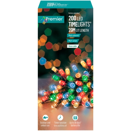 Premier 200 LED Batteridrevet Multifarvet Lyskæde - 20 meter